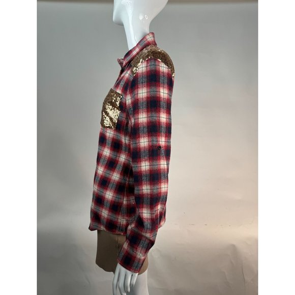 E2 Plaid and Sequin Western Styled Shirt M Red Blue Cotton Vintage - Picture 5 of 16